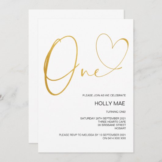 Gouden Eerste Verjaardag Uitnodiging 1e Verjaardag (Voorkant / Achterkant)