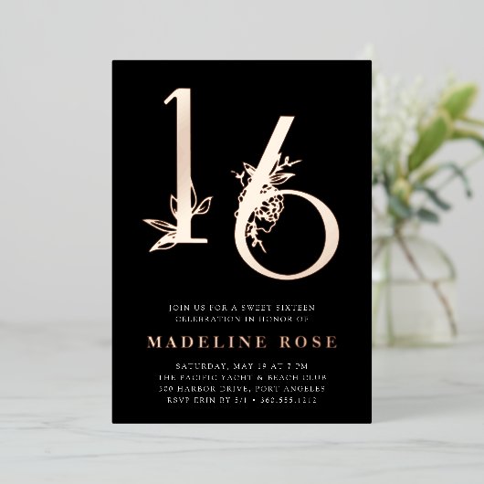 Gouden Eeuw | Sweet 16 Verjaardagsfeest Rose Goud Folie Uitnodiging (Staand Voorkant)