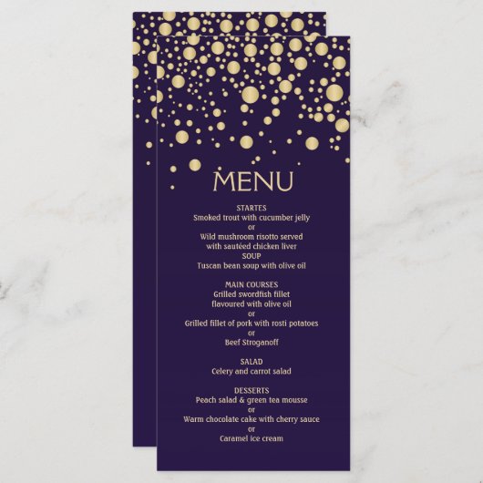 Gouden effect confetti op violet Menu Kaart (Voorkant / Achterkant)