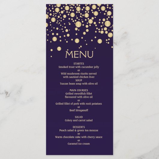 Gouden effect confetti op violet Menu Kaart (Voorkant)
