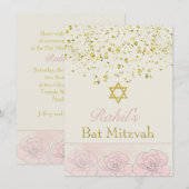Gouden effect confetti, roze roos Bat MItzvah Uitn Kaart (Voorkant / Achterkant)