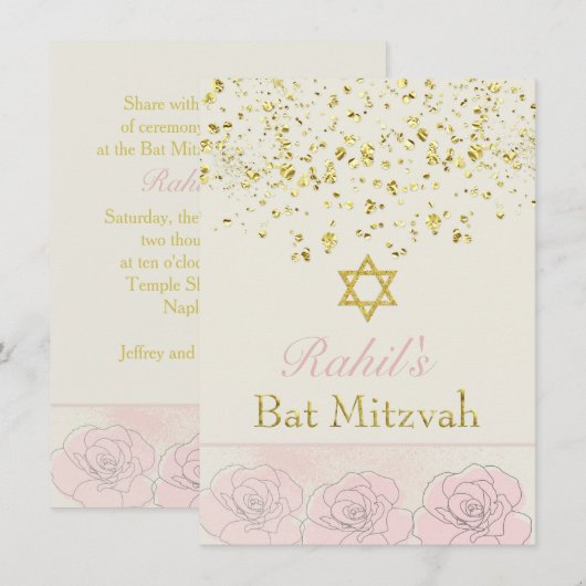 Gouden effect confetti, roze roos Bat MItzvah Uitn Kaart (Voorkant / Achterkant)