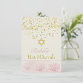 Gouden effect confetti, roze roos Bat MItzvah Uitn Kaart (Staand voorkant)