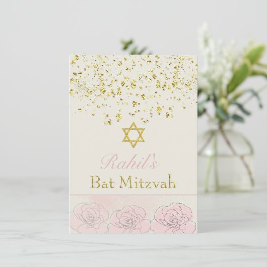 Gouden effect confetti, roze roos Bat MItzvah Uitn Kaart (Staand voorkant)
