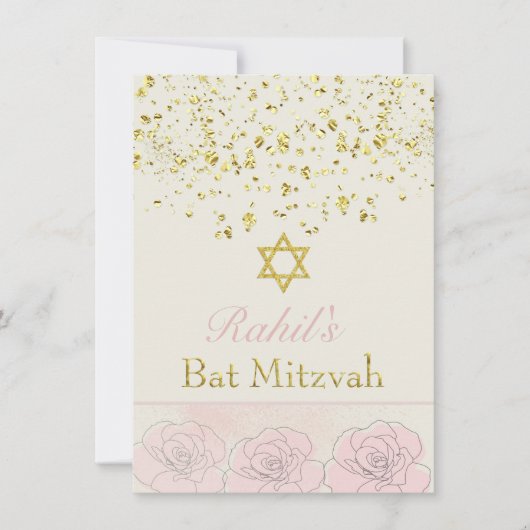 Gouden effect confetti, roze roos Bat MItzvah Uitn Kaart (Voorkant)