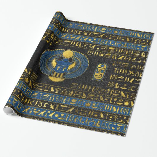 Gouden Egyptische Scarab-versiering op leer Cadeaupapier (Uitgerold)
