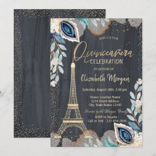 Gouden Eiffeltoren,Bloemen,Zwarte Quinceañera Kaart