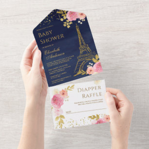 Gouden Eiffeltoren Blush Roze Bloemige Baby Shower All In One Uitnodiging