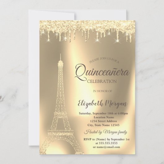 Gouden Eiffeltoren, chique druppels Quinceañera Kaart (Voorkant)