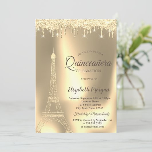 Gouden Eiffeltoren, chique druppels Quinceañera Kaart (Staand voorkant)