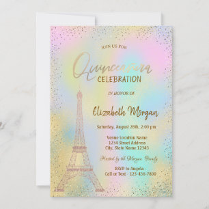 Gouden Eiffeltoren Confetti Holografische Quinceañ Kaart