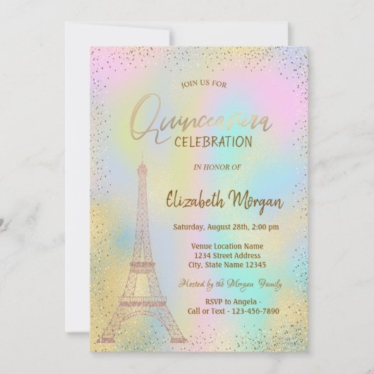 Gouden Eiffeltoren Confetti Holographic Quinceañer Kaart (Voorkant)