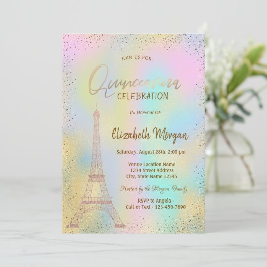 Gouden Eiffeltoren Confetti Holographic Quinceañer Kaart (Staand voorkant)