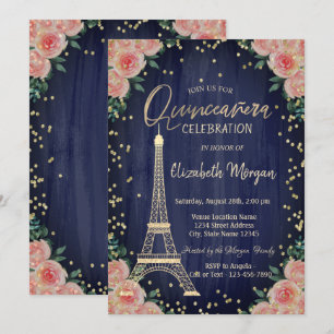 Gouden Eiffeltoren Diamanten Bloemen Quinceañera Kaart