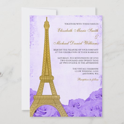 gouden Eiffeltoren Paarse Rozen bruiloft Kaart (Voorkant)