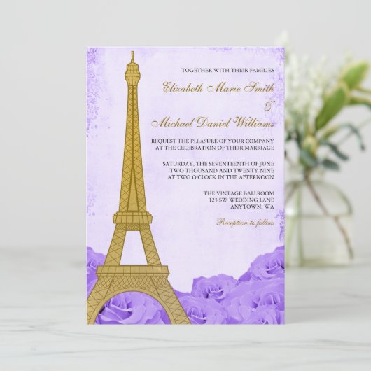 gouden Eiffeltoren Paarse Rozen bruiloft Kaart (Staand voorkant)
