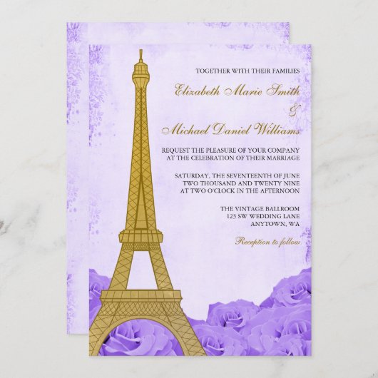 gouden Eiffeltoren Paarse Rozen bruiloft Kaart (Voorkant / Achterkant)