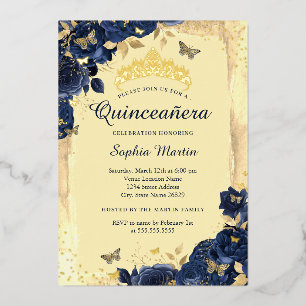 Gouden Elegante Bloem Vlinder Navy Quinceanera  Folie Uitnodiging