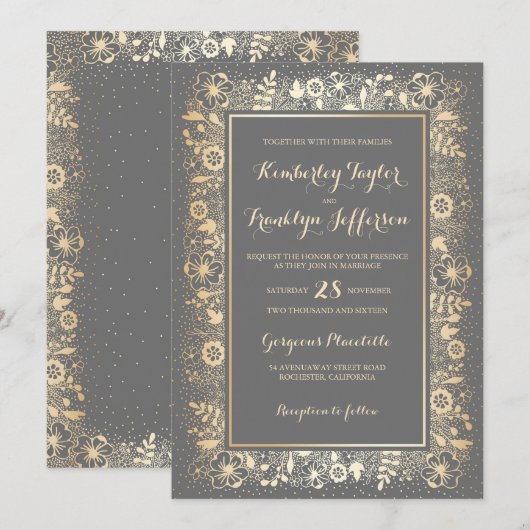 Gouden Elegante  Bloemen Huwelijk Kaart (Voorkant / Achterkant)