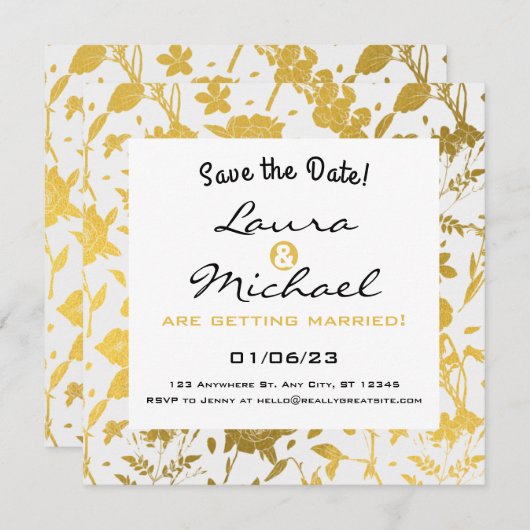 Gouden Elegante Bloemige Trouw Uitnodiging (Voorkant / Achterkant)