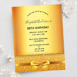 gouden elegante boeguitnodiging voor het vieren va briefkaart<br><div class="desc">Een moderne, stijlvolle en glamoureuze uitnodiging voor een 50e of eender welke verjaardagsfeestdag van een vrouw. Een faux gouden metalen achtergrond met een elegante faux gouden boog, lint en sparkle. De naam wordt geschreven met een modern zwart handgeschreven stijlmanuscript met letters. Sjablonen voor een naam, leeftijd en partijgegevens. Tip: als...</div>