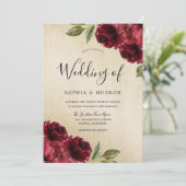 Gouden Elegante Bourgondische Rode Bloemen Huwelij Kaart (Staand voorkant)