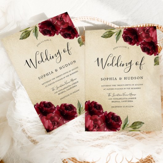 Gouden Elegante Bourgondische Rode Bloemen Huwelij Kaart