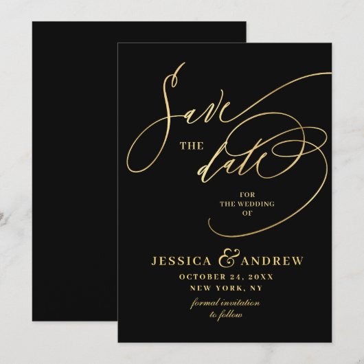 Gouden Elegante Calligraphy Bruiloft Save the Date (Voorkant / Achterkant)