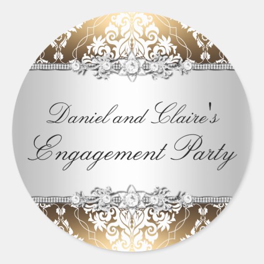 Gouden Elegante Damast Verlovingsfeest Sticker (Voorkant)
