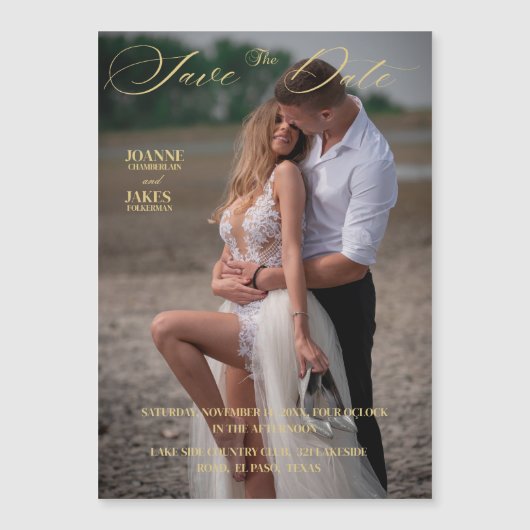 Gouden Elegante Foto Sla de datum op Magnetische Uitnodiging (Voorkant)