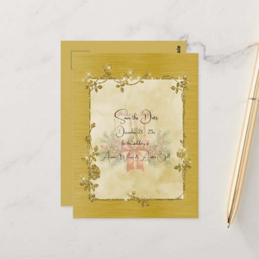 Gouden Elegante Glanzende Frame Save the Date Briefkaart (Voorkant / Achterkant in situ)