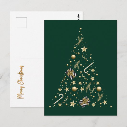 Gouden Elegante Kerstboom op Smaragd Groene Kerstm Briefkaart (Voorkant / Achterkant)