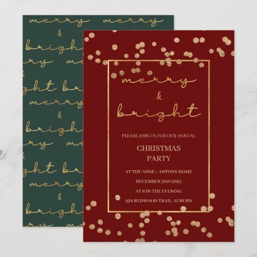 Gouden Elegante Kerstmisuitnodiging, Kerstmisparti Kaart (Voorkant / Achterkant)