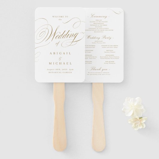 Gouden elegante klassieke kalligrafie bruiloft pro handwaaier (Voorkant en achterkant)