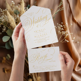 Gouden elegante klassieke kalligrafie vintage brui all in one uitnodiging
