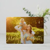 Gouden Elegante Lettering Prettig Kerstmis Foto Folie Feestdagenkaart (Staand Voorkant)