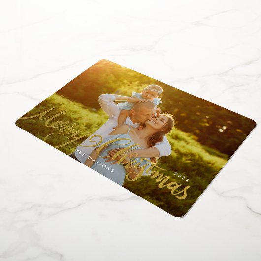 Gouden Elegante Lettering Prettig Kerstmis Foto Folie Feestdagenkaart (Gedraaid)