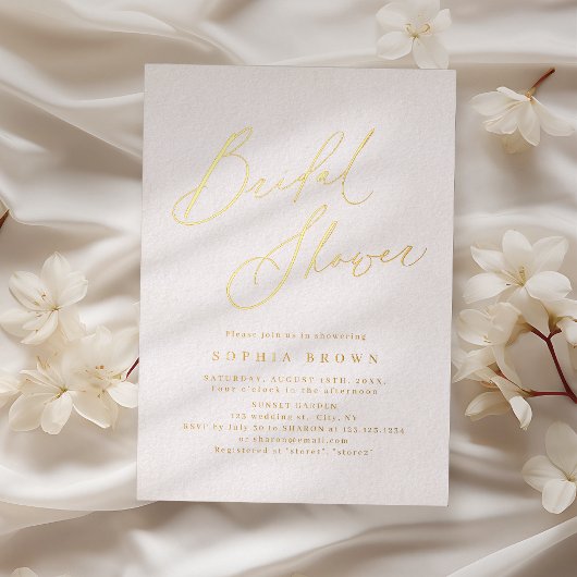 Gouden elegante moderne script minimale bruidsshow folie uitnodiging