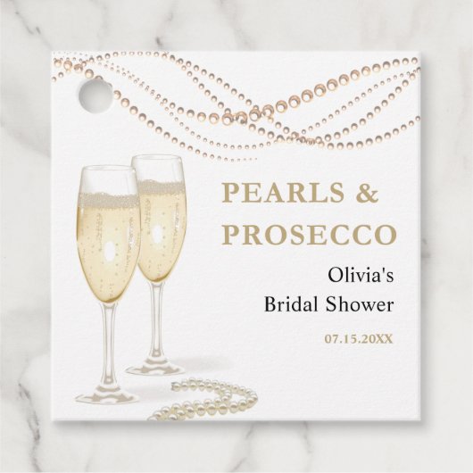 Gouden Elegante Parels en Prosecco Vrijgezellenfee Bedankjes Labels (Voorkant)