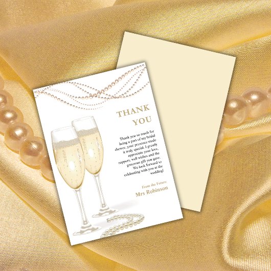 Gouden Elegante Parels & Prosecco Bruidsdiner Bedankkaart