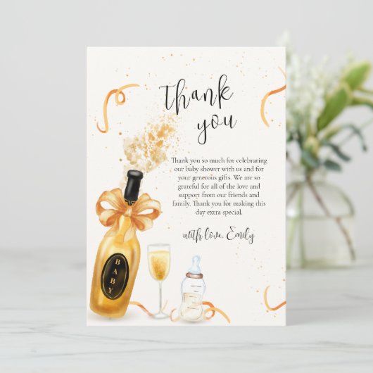Gouden Elegante Poppin Flessen Champagne Baby show Bedankkaart (Staand voorkant)