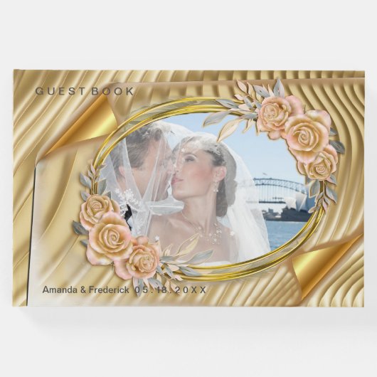 Gouden Elegante Ripple Effect & Rozen Gastenboek (Voorkant)