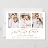 Gouden Elegante Script 3 Foto Collage Save the Dat Magnetische Uitnodiging (Voorkant)