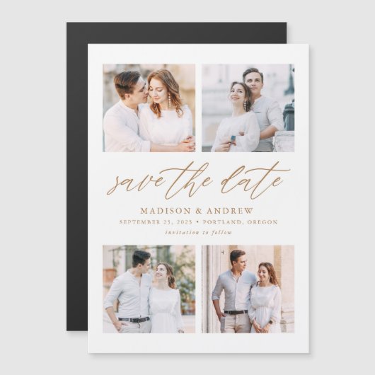 Gouden Elegante Script 4 Foto Collage Save The Dat Magnetische Uitnodiging (Voorkant / Achterkant)
