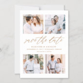Gouden Elegante Script 4 Foto Collage Save The Dat Magnetische Uitnodiging (Voorkant)