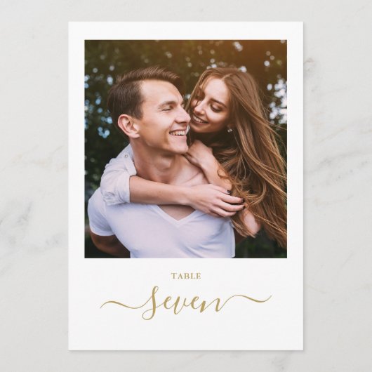 Gouden Elegante Script Foto Tafelnummer (Achterkant)