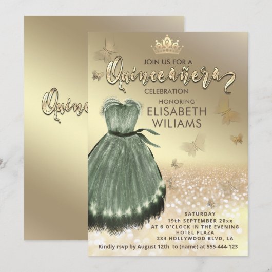 Gouden elegante vlinder Groene jurk Quinceañera Kaart (Voorkant / Achterkant)