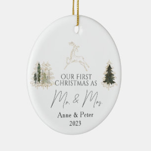 Gouden Elegante Waterverf Eerste Kerstmis Getrouwd Keramisch Ornament