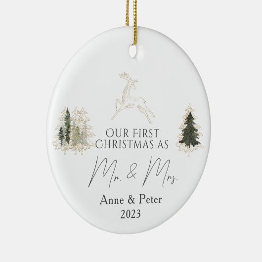 Gouden Elegante Waterverf Eerste Kerstmis Getrouwd Keramisch Ornament (Rechts)