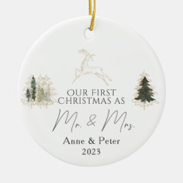 Gouden Elegante Waterverf Eerste Kerstmis Getrouwd Keramisch Ornament